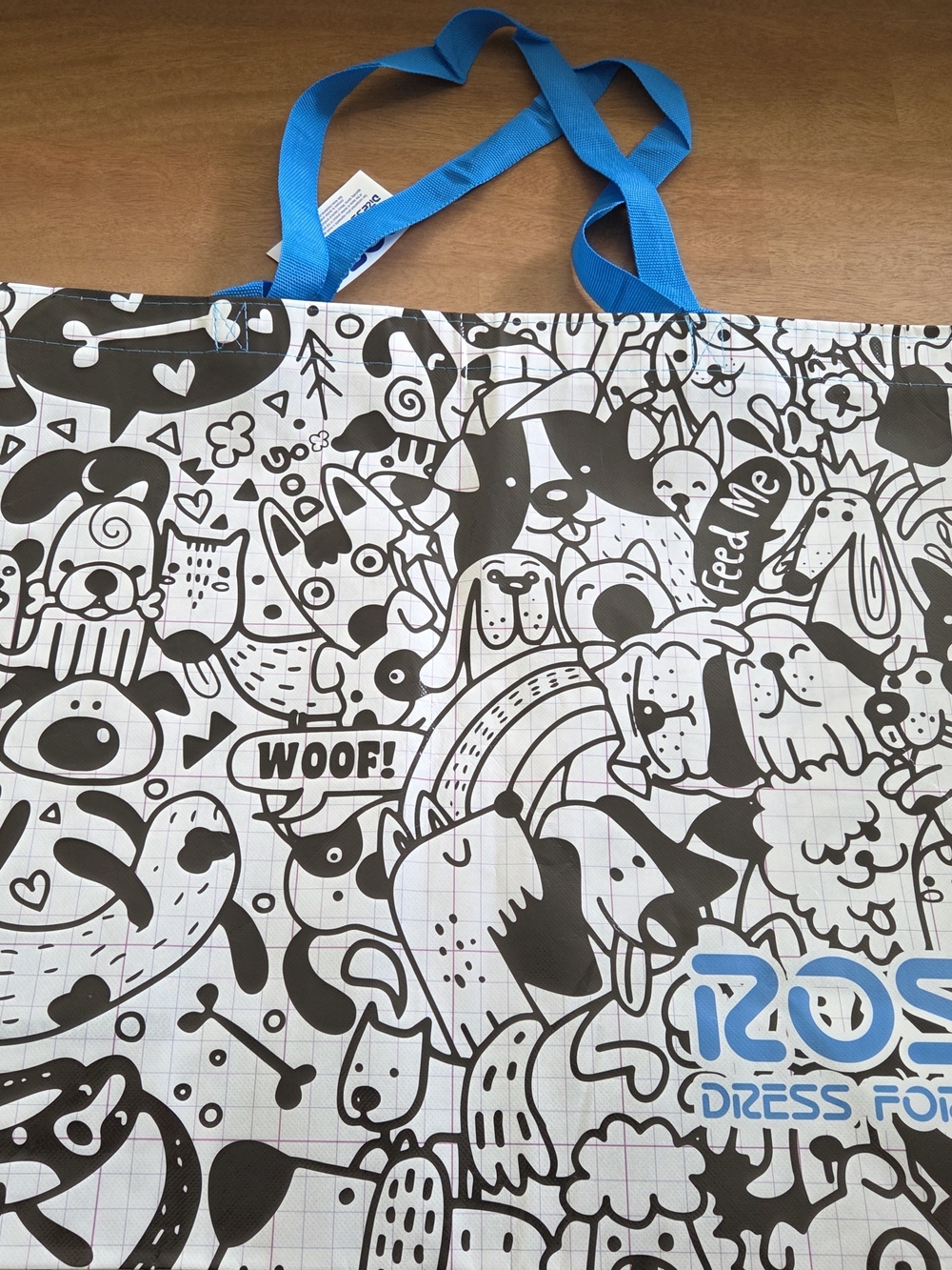 Ross Reusable Shopping Tote Bag Dog Doodle Print Blue Handles